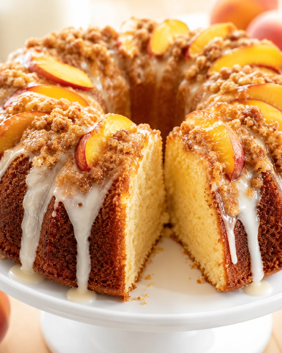Close-up of a peach-streusel Bundt cake topped with peach slices and glaze dripping.