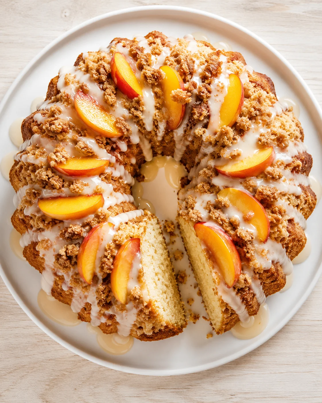 Top-down view of a peach-streusel cake with peach slices on a white plate.
