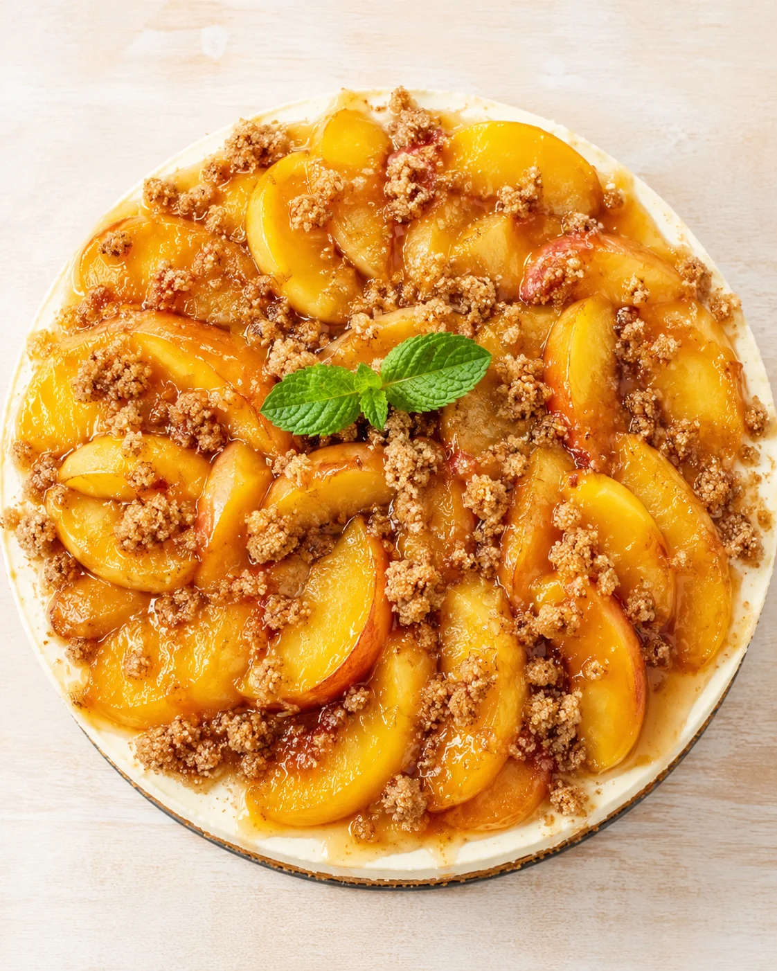 round peach tart with sliced peaches, crumb topping, and a mint garnish on a light wooden surface