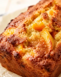 Close-up of a golden-brown peach-studded quick bread with juicy peach pieces visible in crumb.