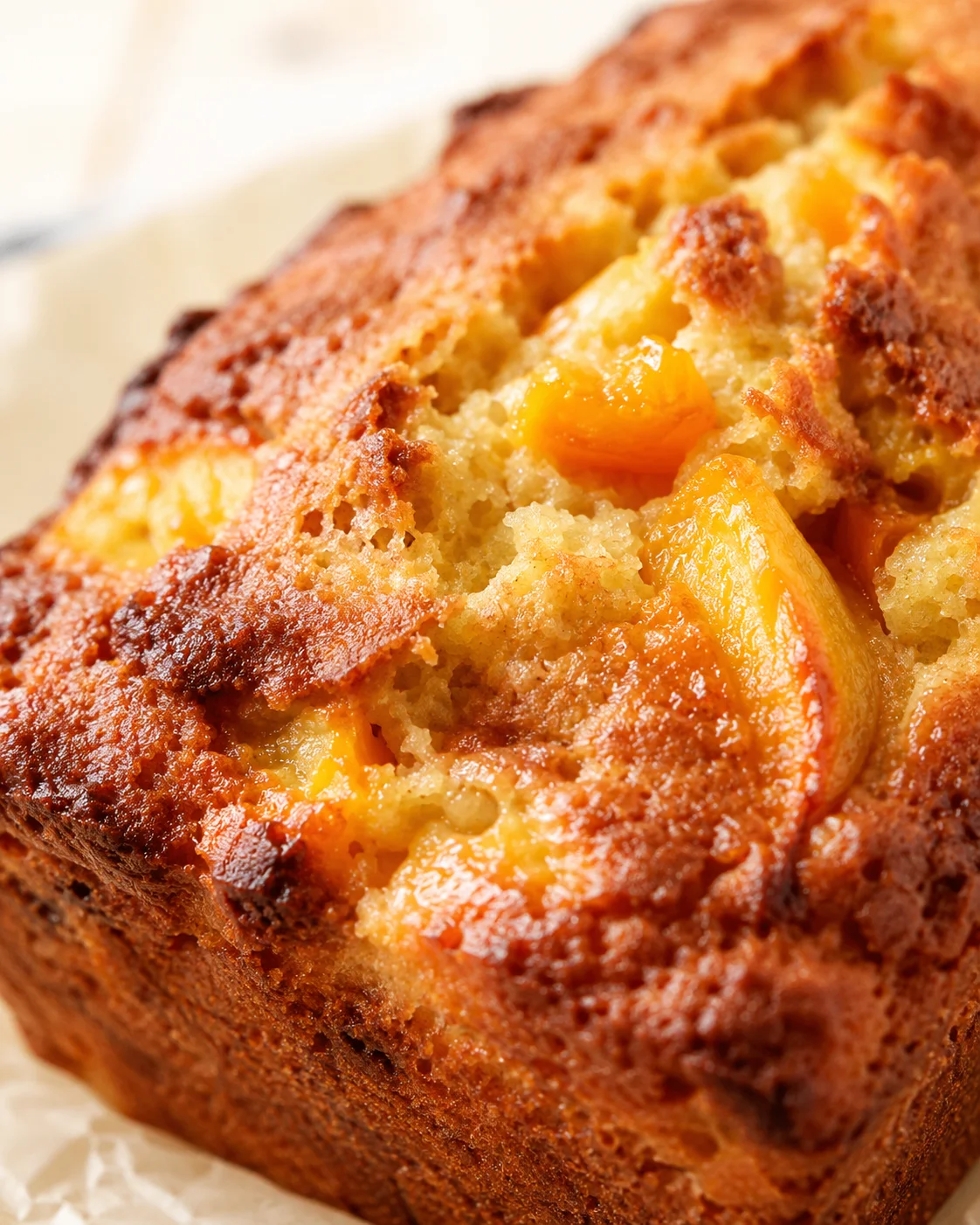 Close-up of a golden-brown peach-studded quick bread with juicy peach pieces visible in crumb.