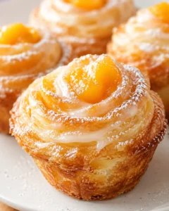 Close-up of peach-swirl Danish pastries with glossy icing on a white plate.