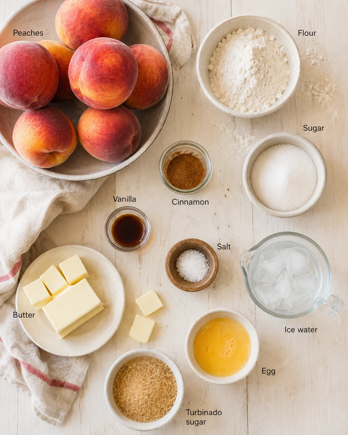Flat lay of ripe peaches with flour, sugar, butter, eggs, and spices on a light wood surface.