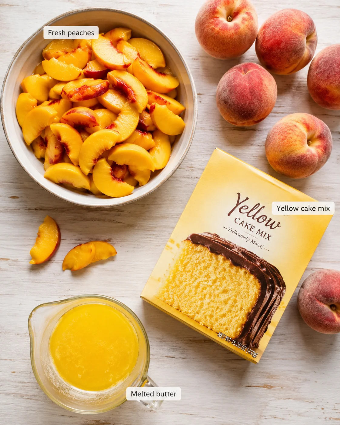 Flat lay of peach slices in a bowl, peaches, yellow cake mix box, melted butter pitcher.