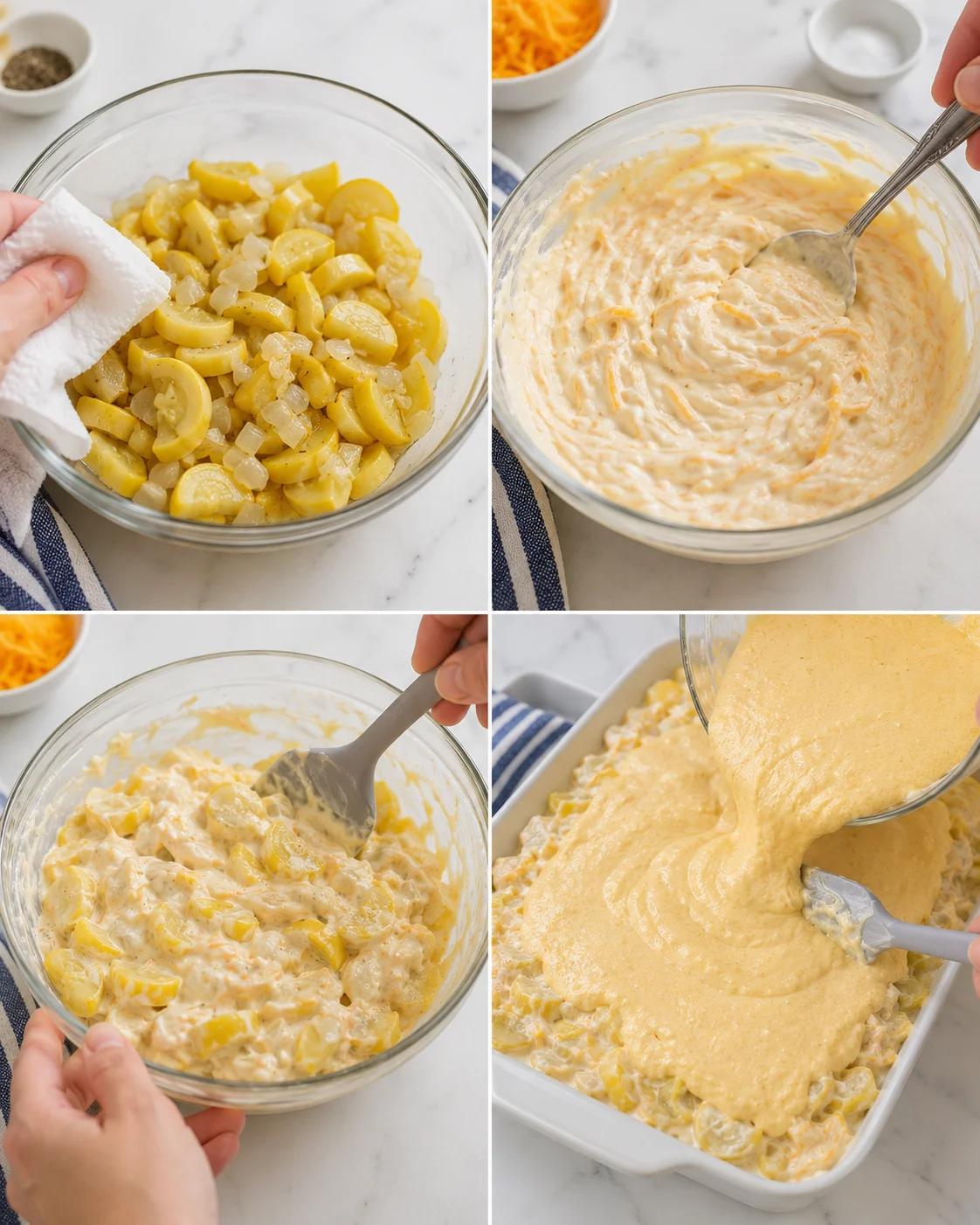 Four-panel collage: potatoes with onions, creamy cheese sauce, and pouring topping over a casserole.