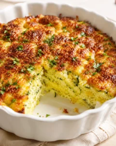 Golden brown cheesy potato bake topped with parsley in a white scalloped baking dish.