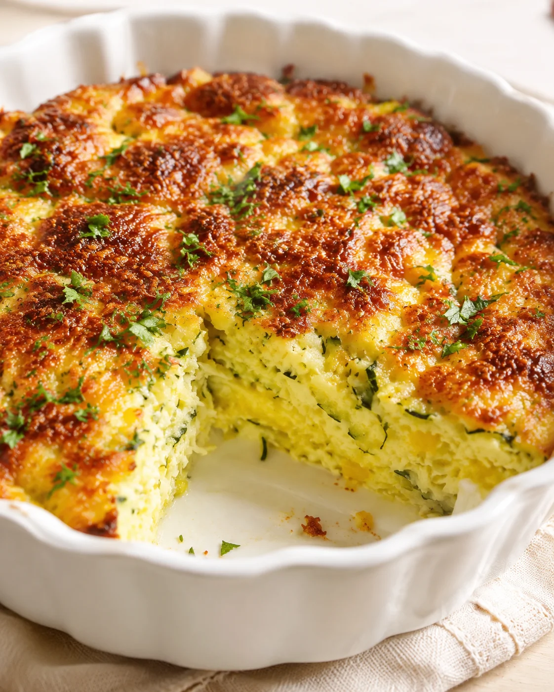 Golden brown cheesy potato bake topped with parsley in a white scalloped baking dish.