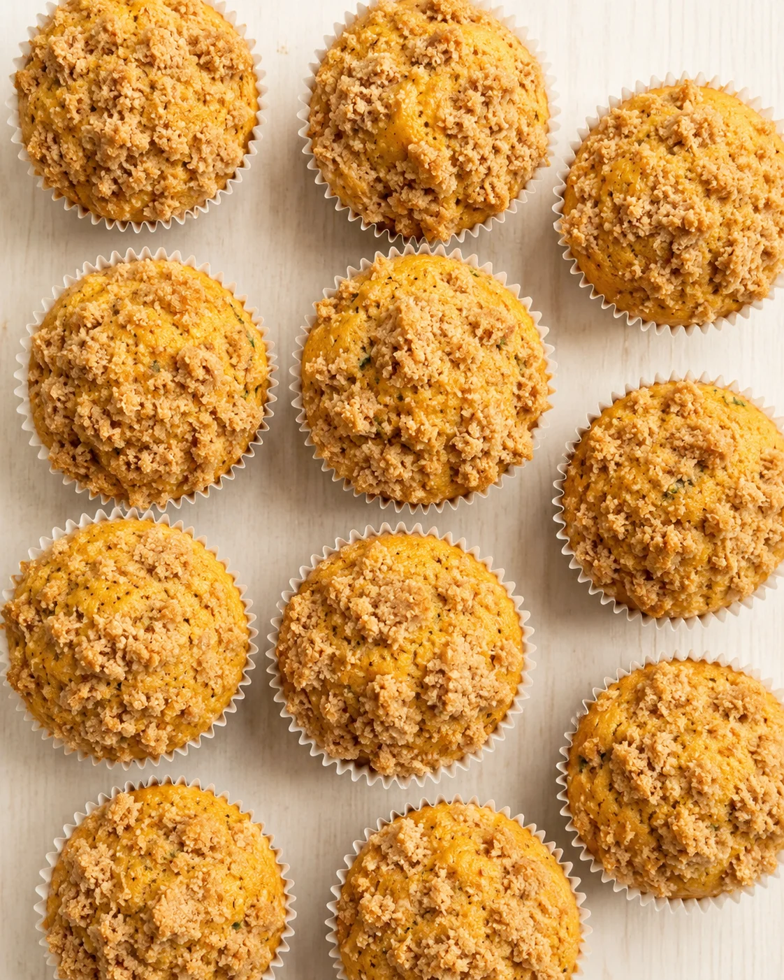 Top-down view of pumpkin muffins with streusel topping in white liners on a light wooden surface.