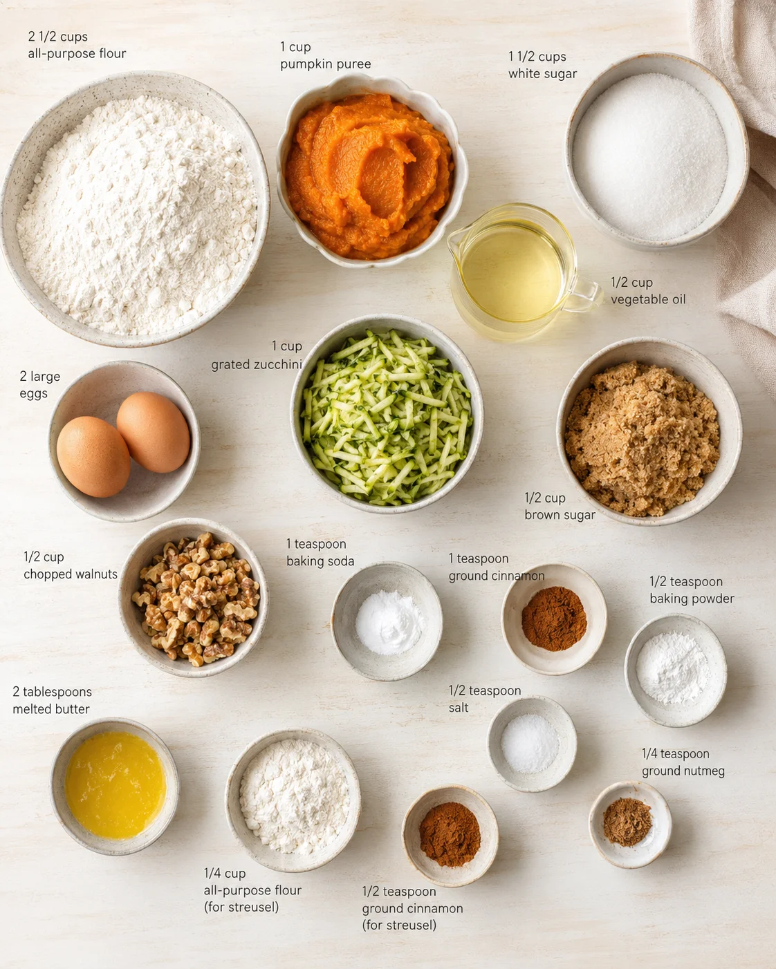 Top-down view of labeled bowls with flour, sugars, pumpkin puree, zucchini, and nuts