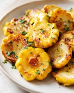 Golden roasted pattypan squash discs with parsley on a light plate