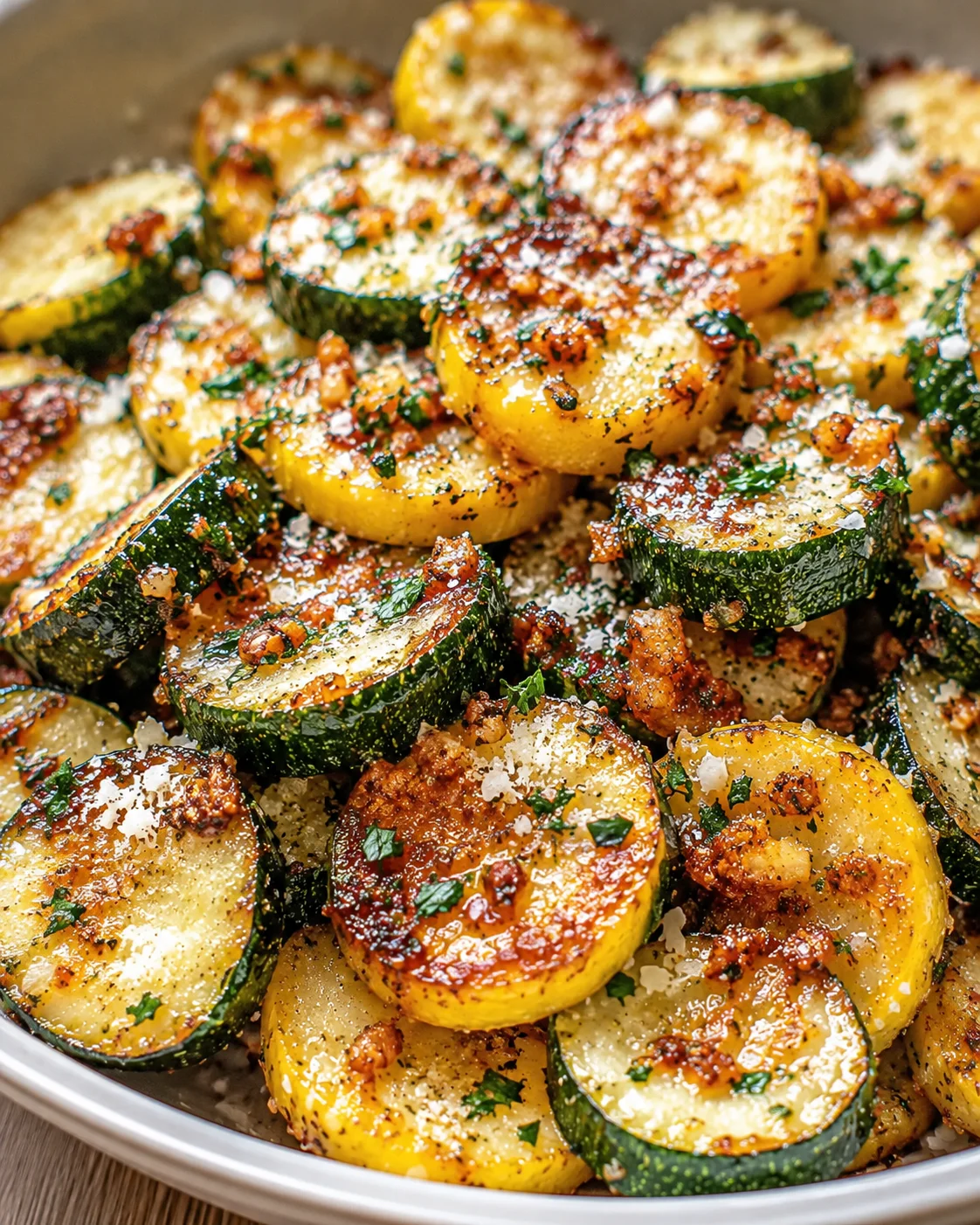 roasted yellow squash and green zucchini rounds with parmesan and herbs in a skillet