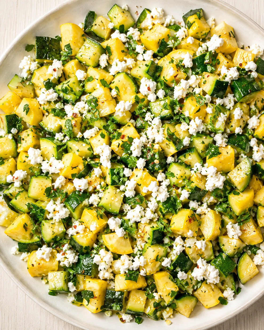 bowl of roasted yellow and green squash with feta crumbles and fresh herbs