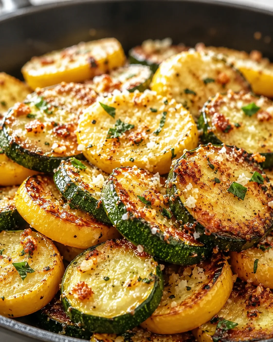 Golden-brown roasted zucchini and yellow squash slices in a skillet, topped with herbs and parmesan crumbs.