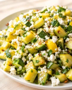 close-up of roasted zucchini chunks with crumbled feta and fresh parsley on a white plate