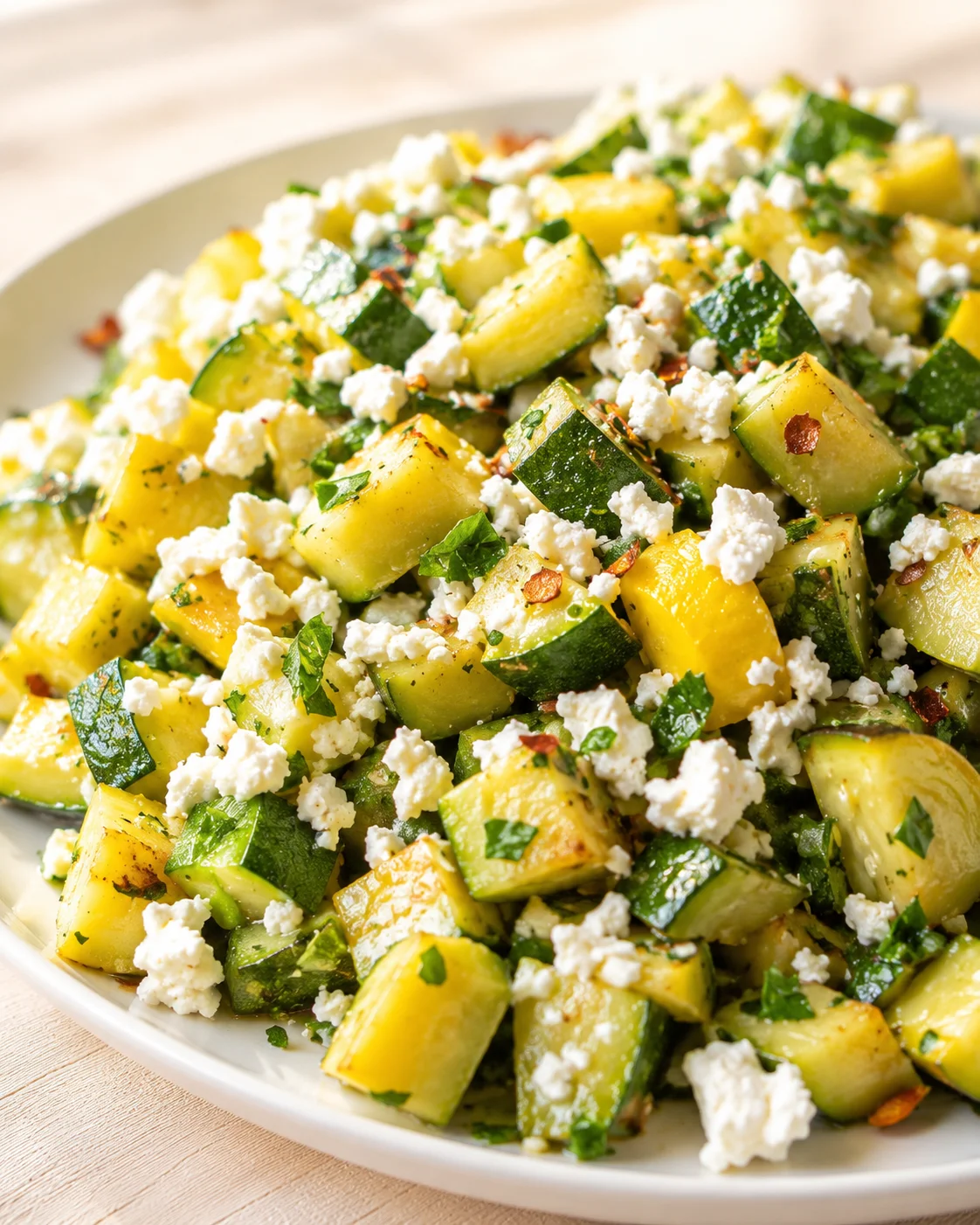 close-up of roasted zucchini chunks with crumbled feta and fresh parsley on a white plate