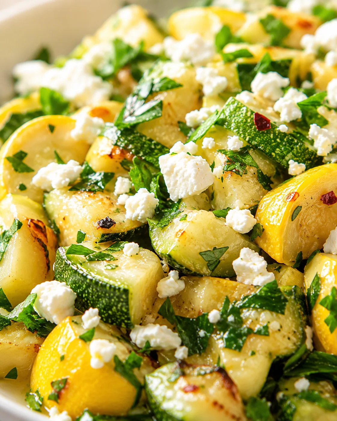 close-up of roasted potatoes and zucchini garnished with feta and parsley