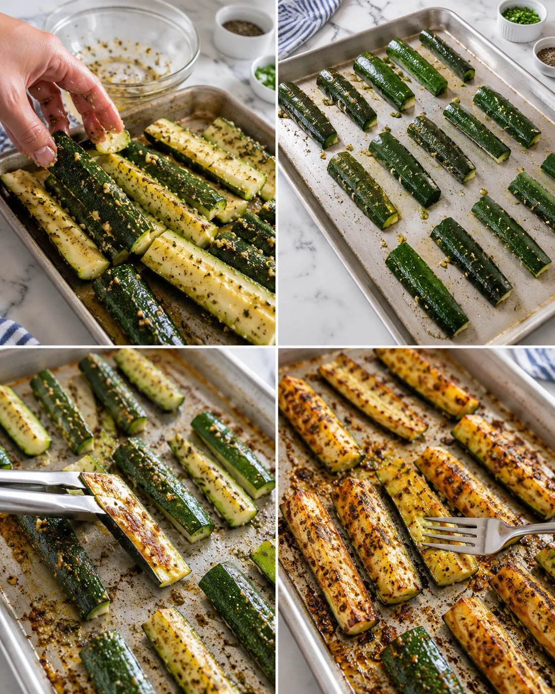 Four-panel collage showing zucchini spears seasoned, arranged on a baking sheet, and roasted to golden brown.