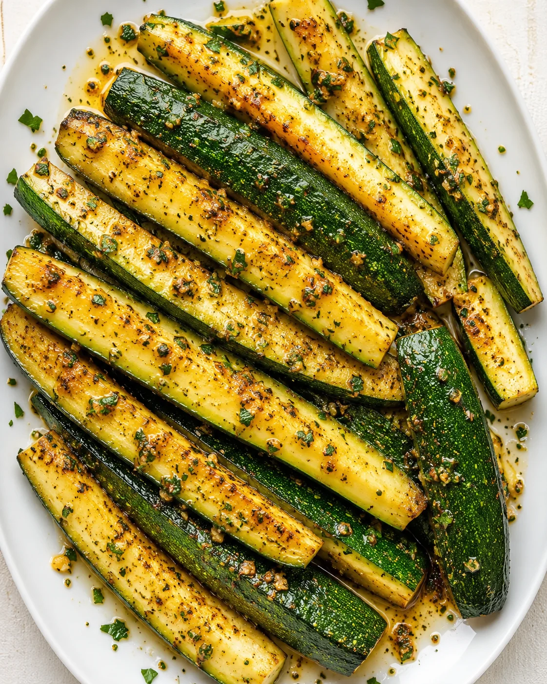 Roasted zucchini spears on a white plate, glazed with garlic-herb oil and herbs.