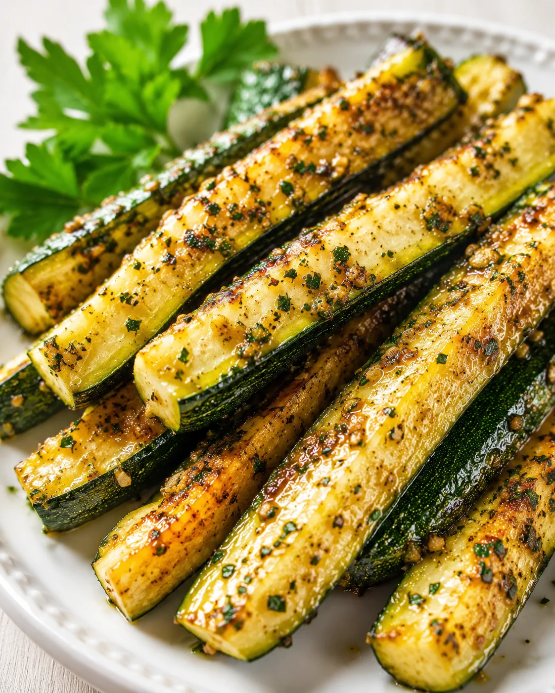 roasted zucchini spears with herbs on a white plate, bright and glossy
