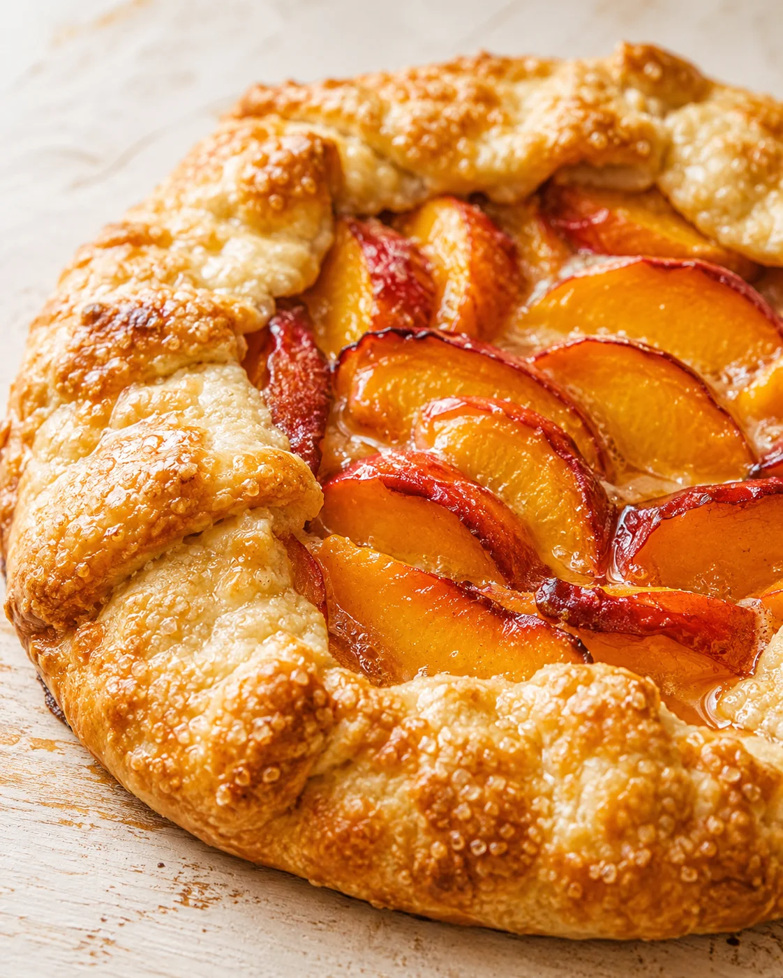 Golden peach galette with glossy slices and flaky crust on a wooden surface.