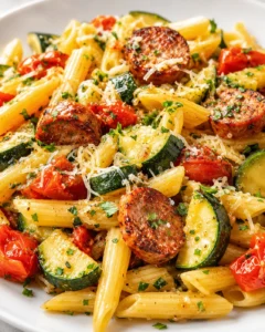 Plate of penne pasta with sausage, zucchini, cherry tomatoes, and grated parmesan.