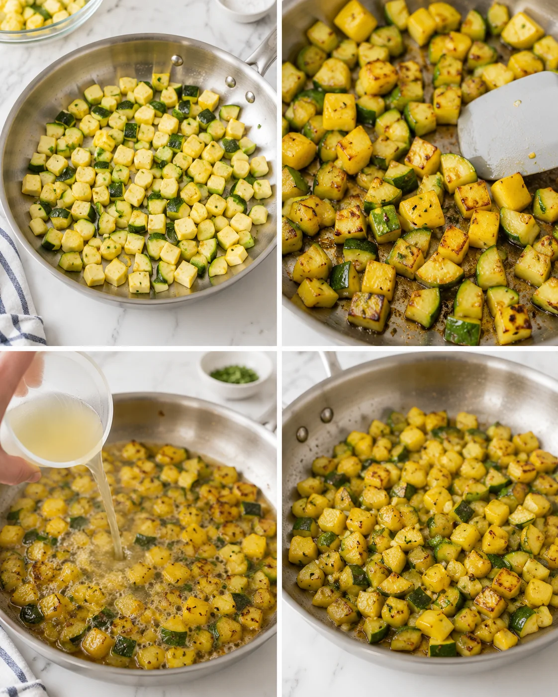 collage of diced yellow and green zucchini being sautéed in a stainless skillet