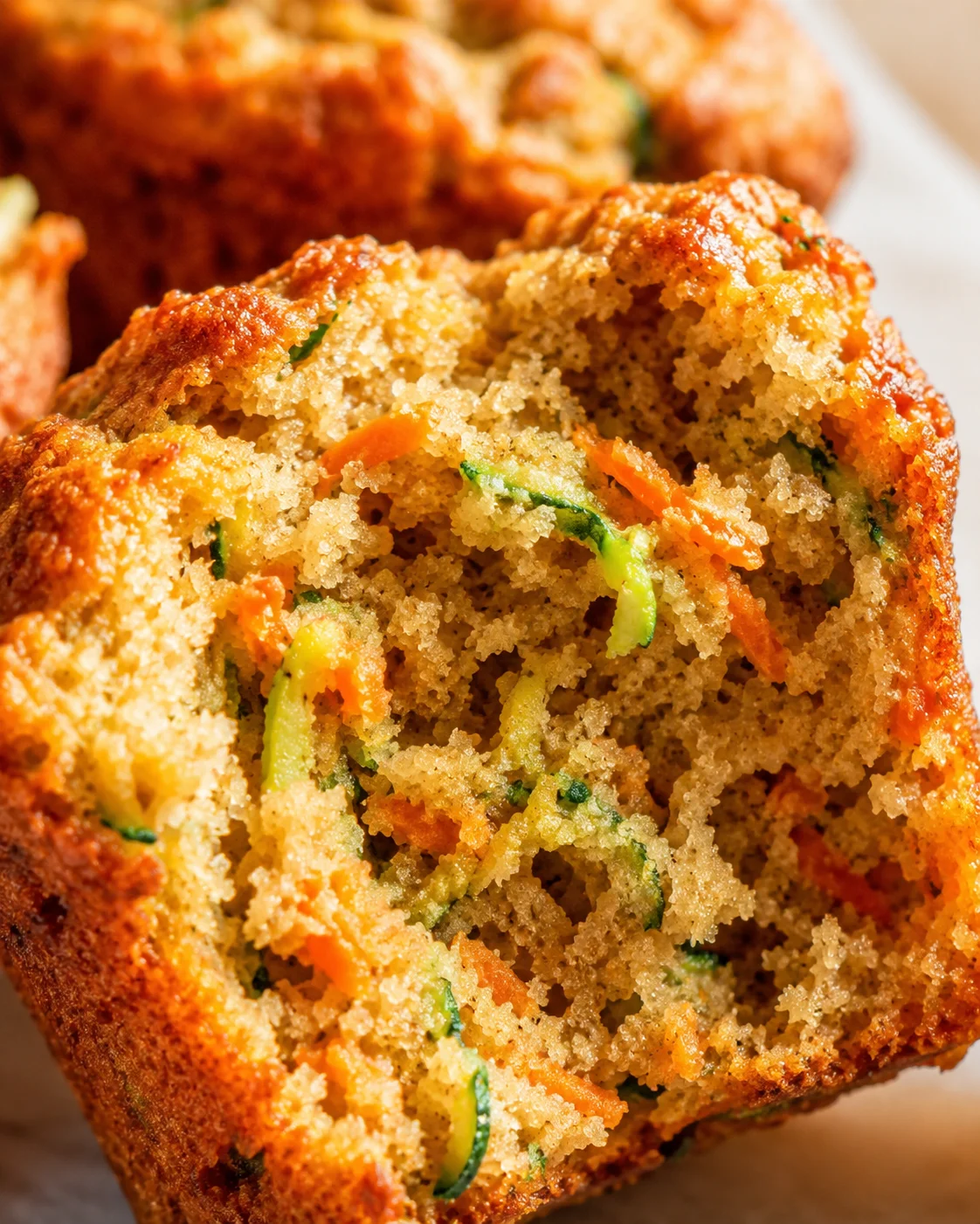 close-up of a golden-brown savory muffin cut open, revealing carrot shreds and zucchini ribbons in a fluffy crumb.