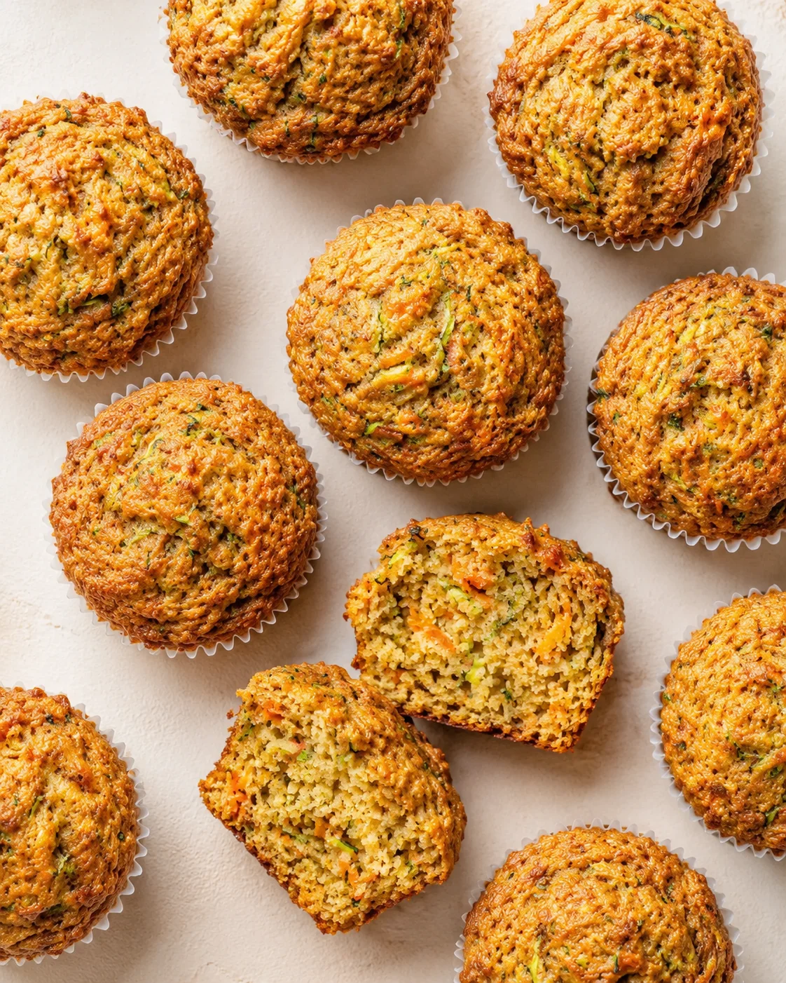 top-down view of golden-brown savory muffins with zucchini and carrot pieces in white liners
