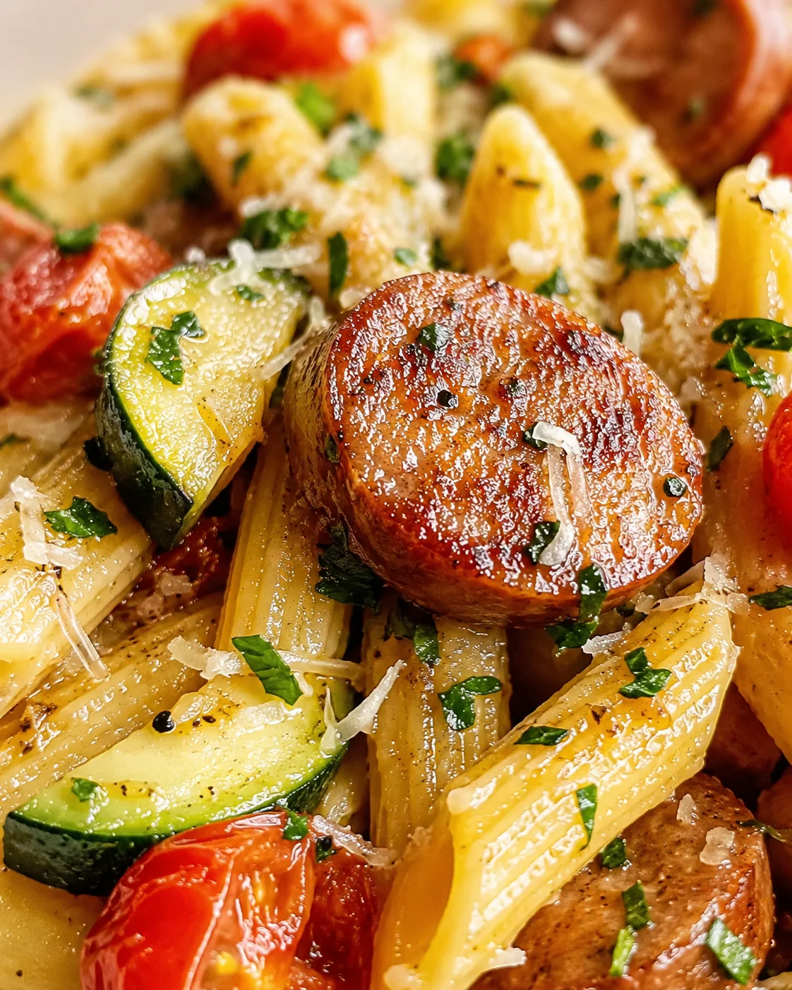 Close-up of a seared sausage medallion over penne with zucchini, tomatoes, and parmesan.