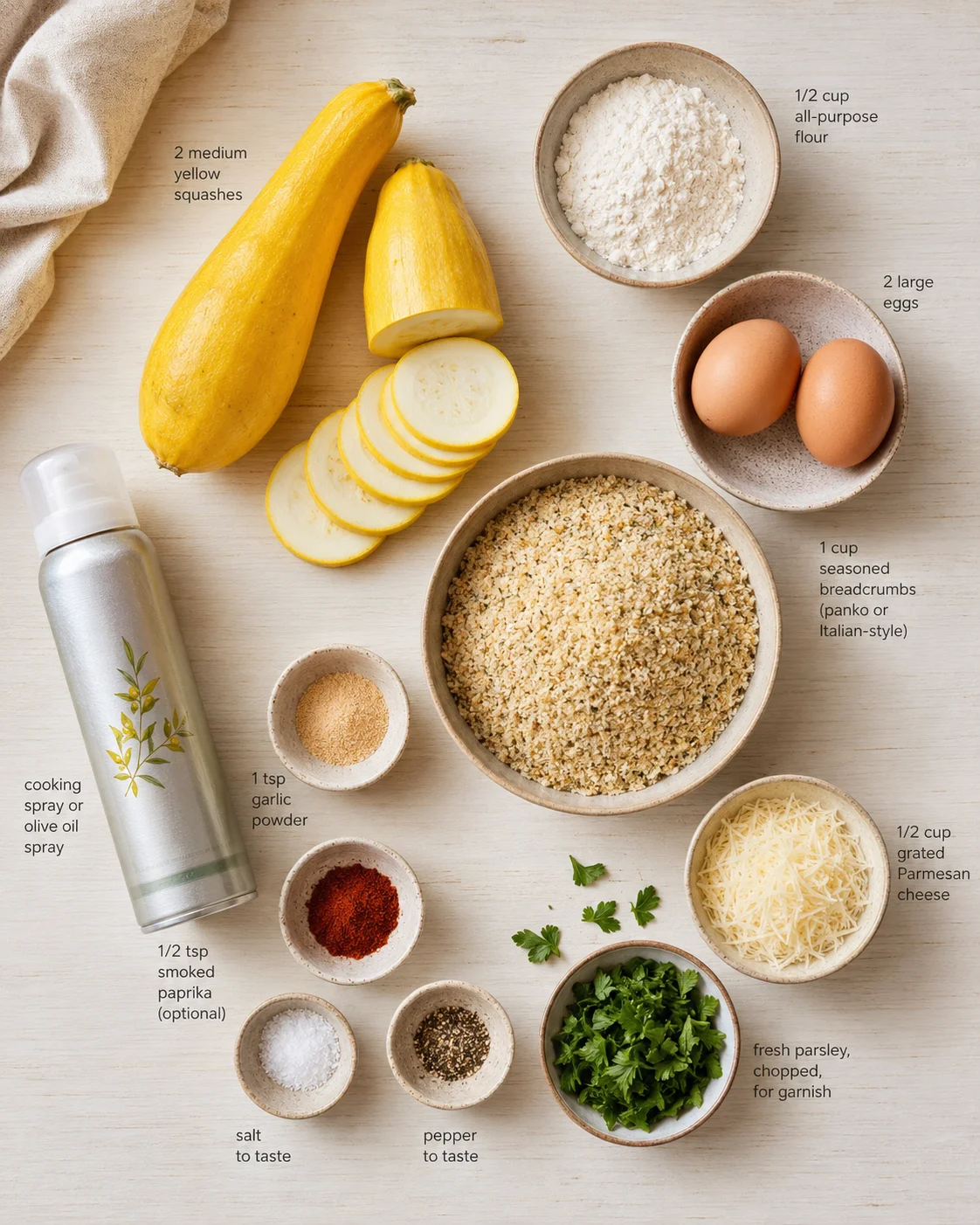 Top-down view of ingredients for baked squash recipe: squashes, eggs, flour, breadcrumbs, cheese, and herbs.