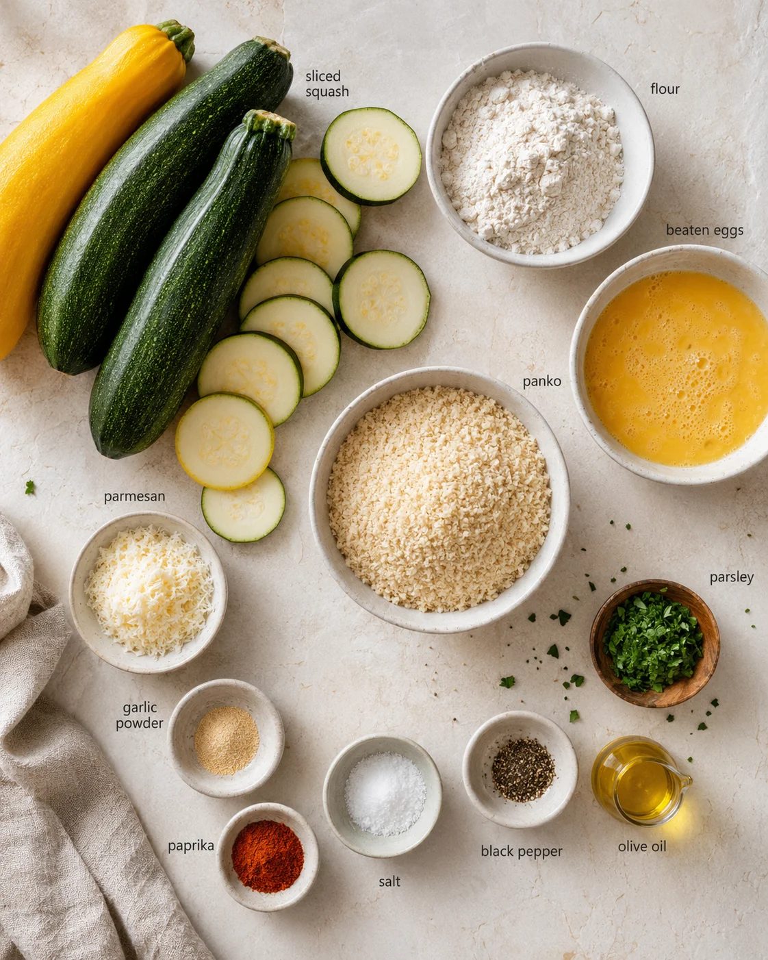 top-down flat lay of zucchini and yellow squash with labeled bowls of flour, eggs, and spices