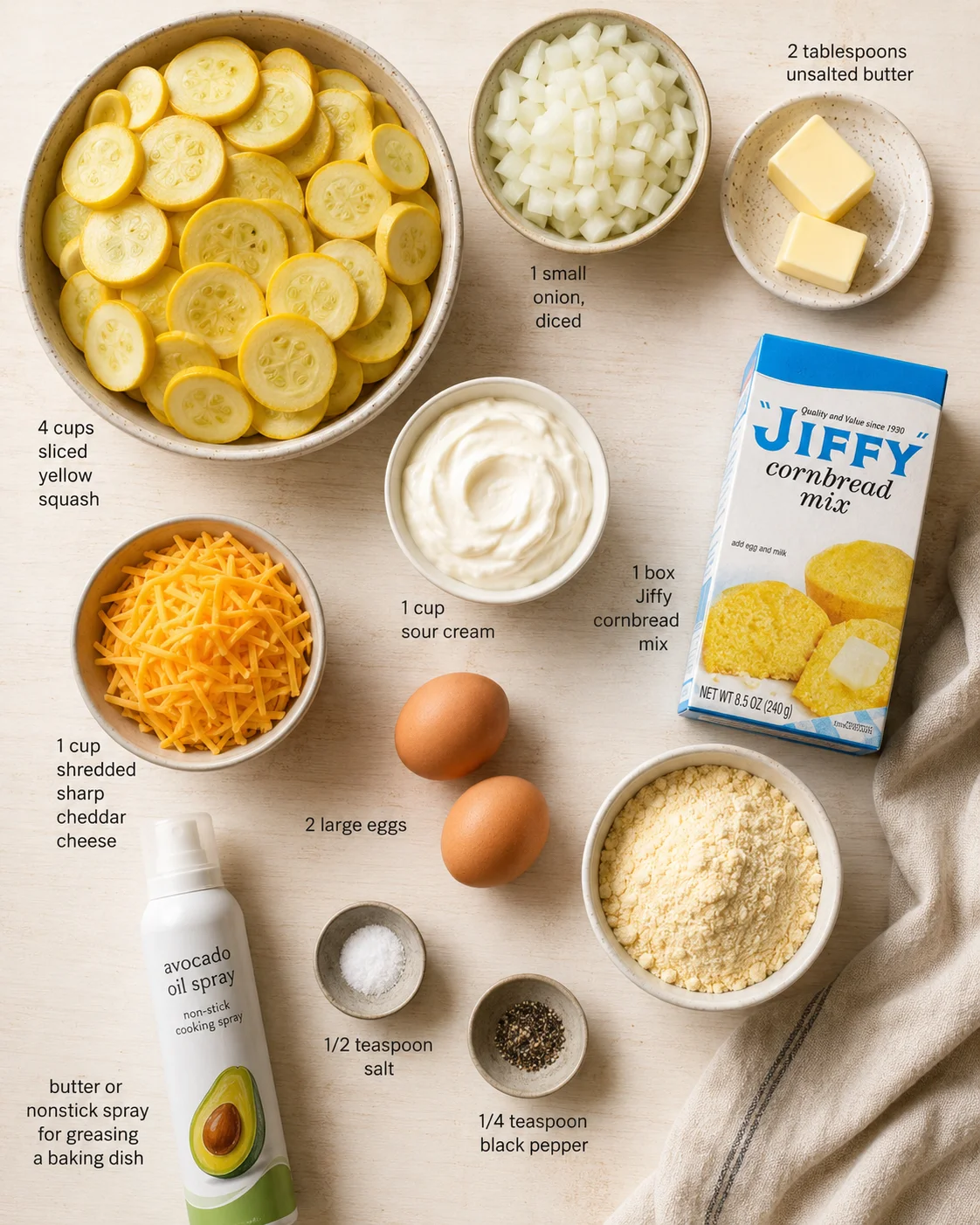Overhead view of cornbread ingredients: sliced yellow squash, diced onions, cheddar, sour cream, eggs, and cornbread mix.