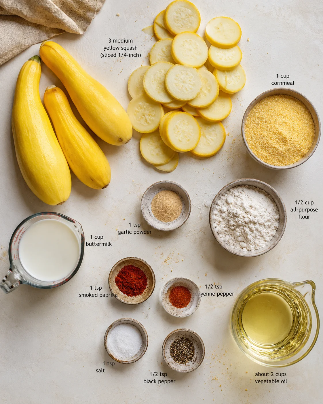 top-down view of yellow squash with sliced rounds and labeled bowls of cornmeal, flour, buttermilk, spices, and oil
