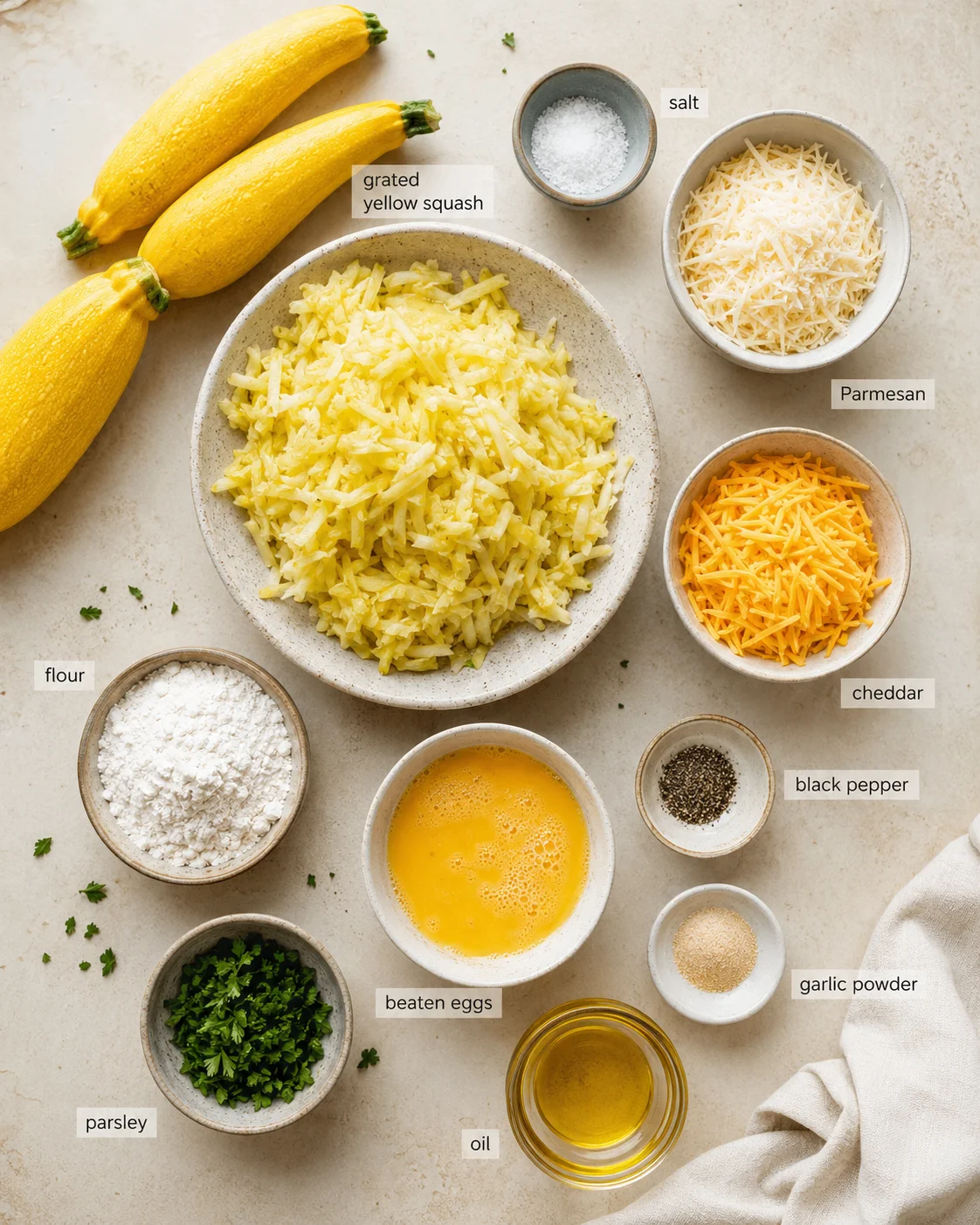 Top-down view of grated yellow squash surrounded by bowls of parmesan, cheddar, flour, eggs, oil, and spices.