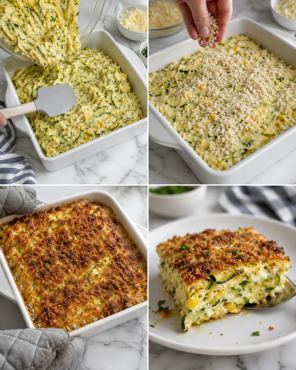 collage showing zucchini-corn egg bake being prepared: batter poured, breadcrumbs sprinkled, baked casserole, plated slice