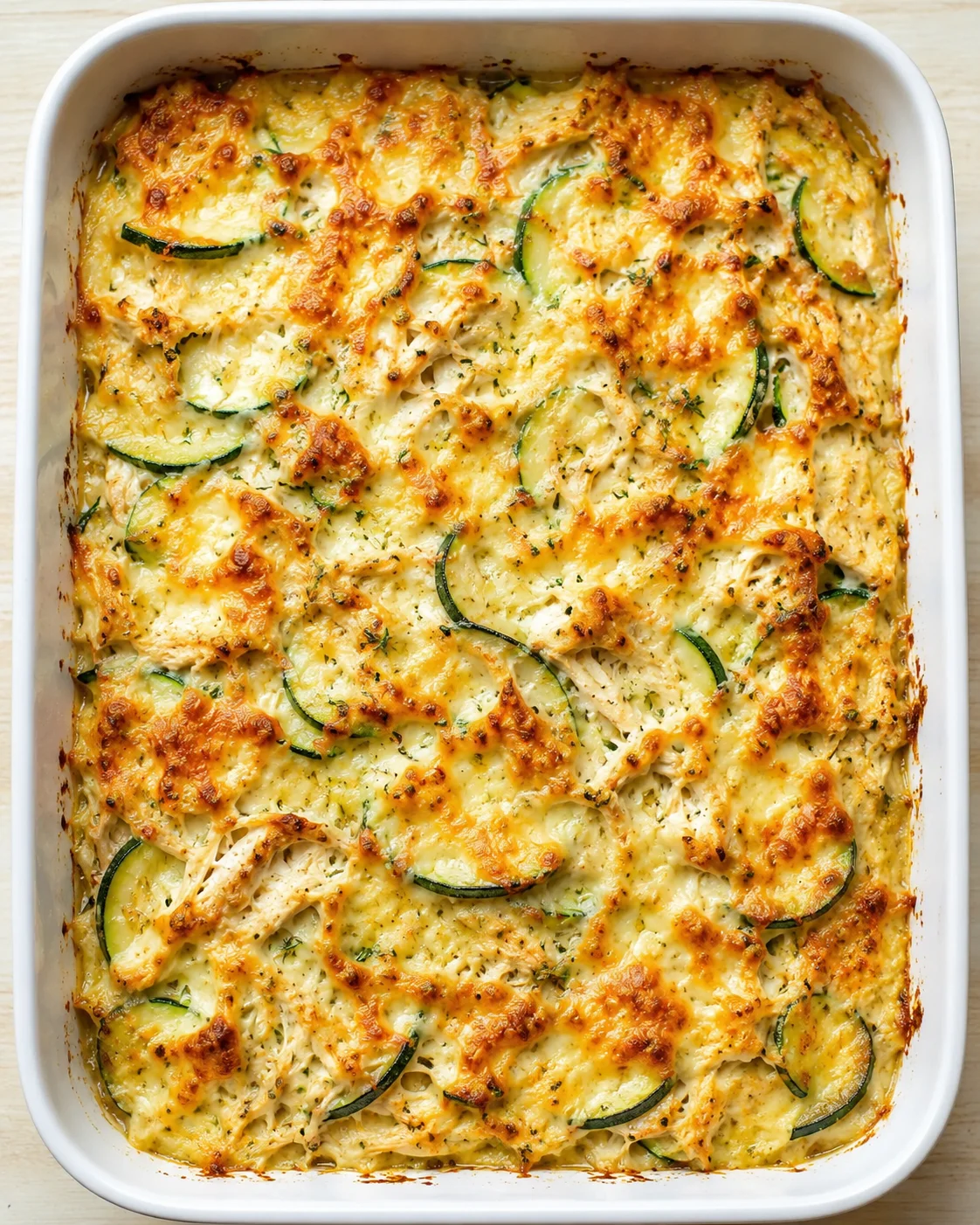 golden-brown cheesy zucchini bake in a white rectangular dish with visible zucchini slices