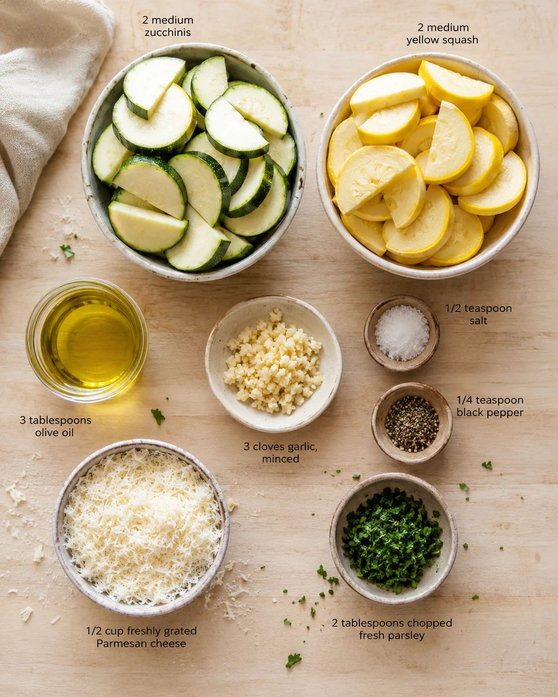 Overhead shot of zucchini and yellow squash slices with oil, cheese, garlic, and herbs.