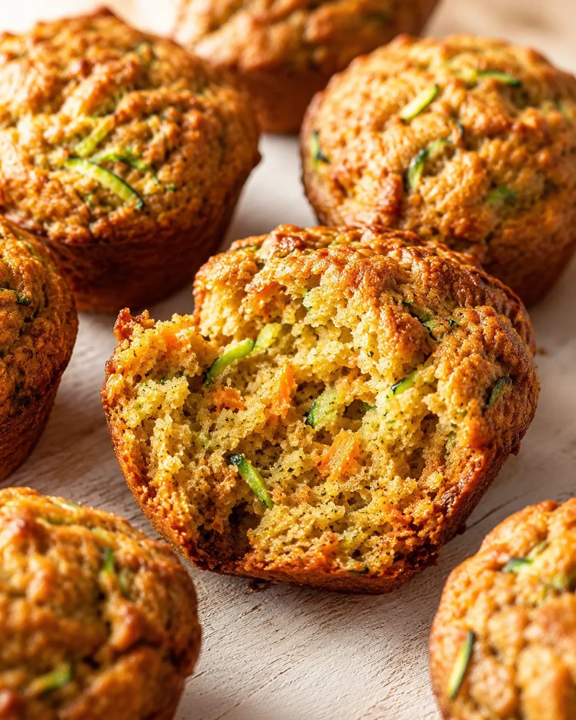 close-up of golden zucchini-carrot muffins with green flecks on a light wooden surface