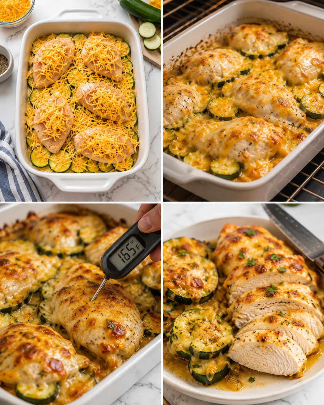 collage showing zucchini-topped chicken bake at prep, bake, doneness check, and sliced servings