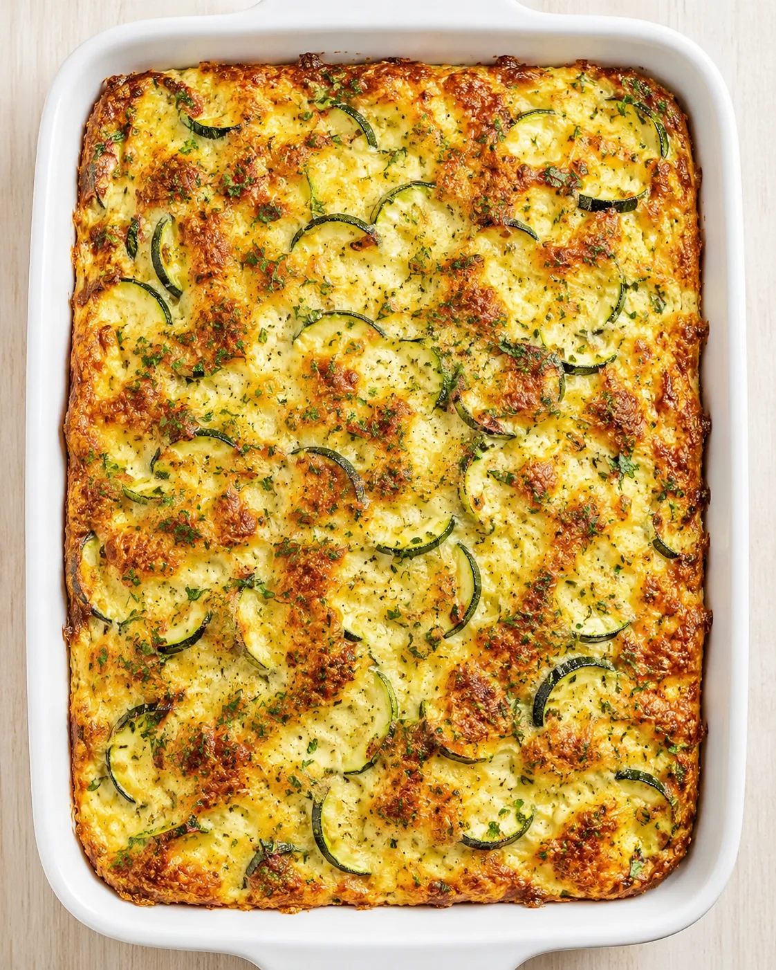 oven-baked zucchini-cheesy casserole in a white baking dish with a golden crust and herbs