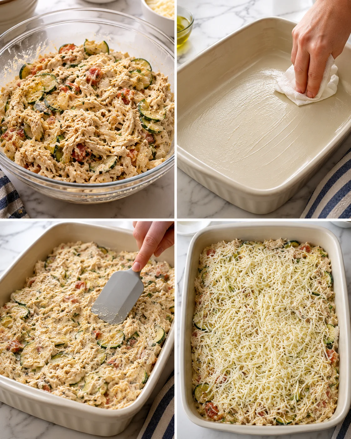 collage showing mixed zucchini-chicken pasta in a glass bowl, spreading in a baking dish, and shredded cheese topping.