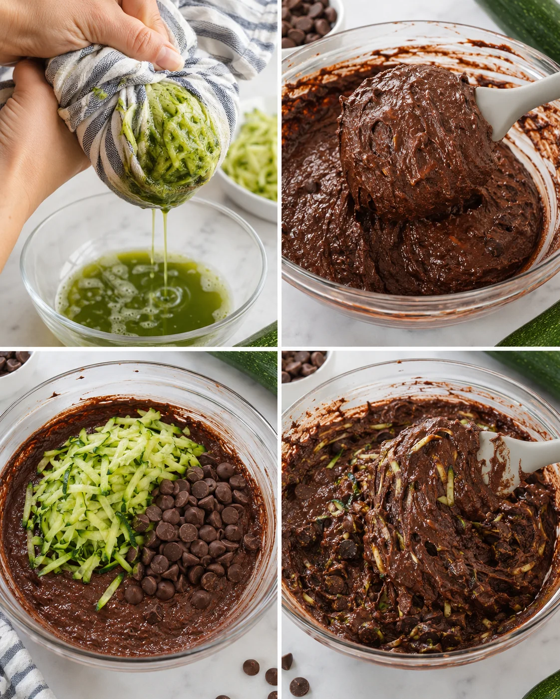 collage of zucchini brownie prep: squeezing zucchini, glossy batter, and folded zucchini with chocolate chips.