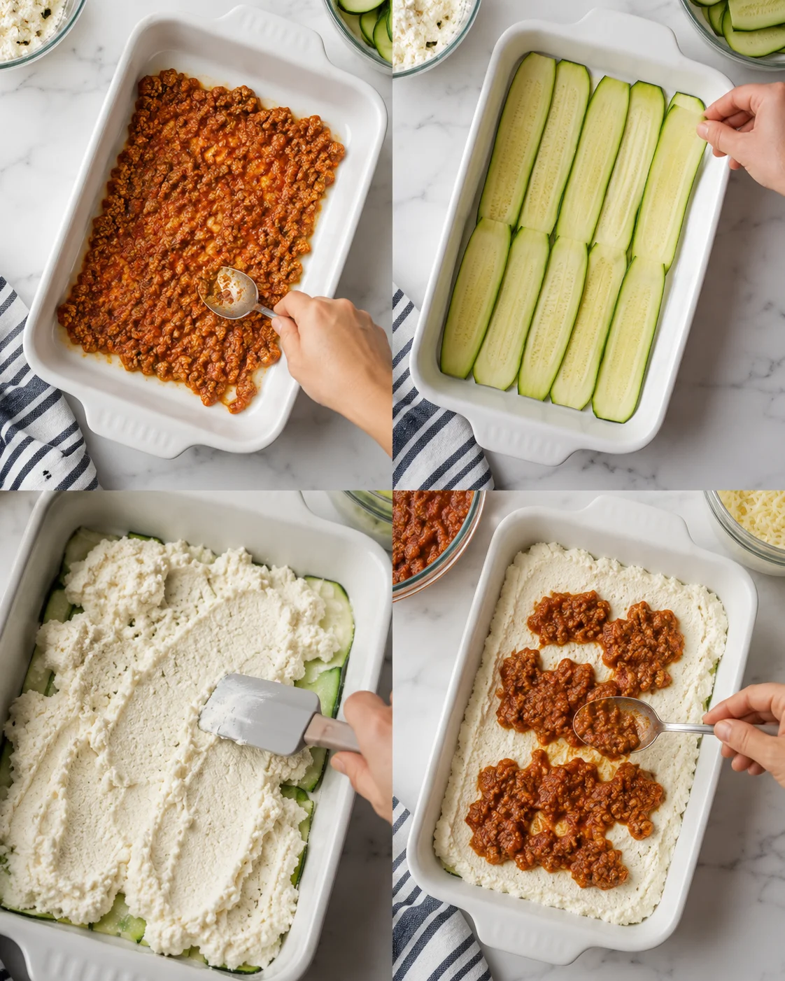 collage showing four-step zucchini lasagna: meat sauce, arranged zucchini, ricotta layer, ready-to-bake
