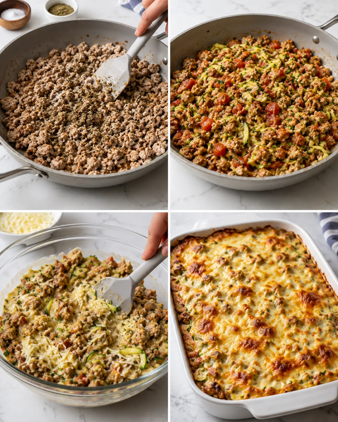 collage showing steps to make zucchini-lasagna with ground turkey and cheese, finished in a baked dish.