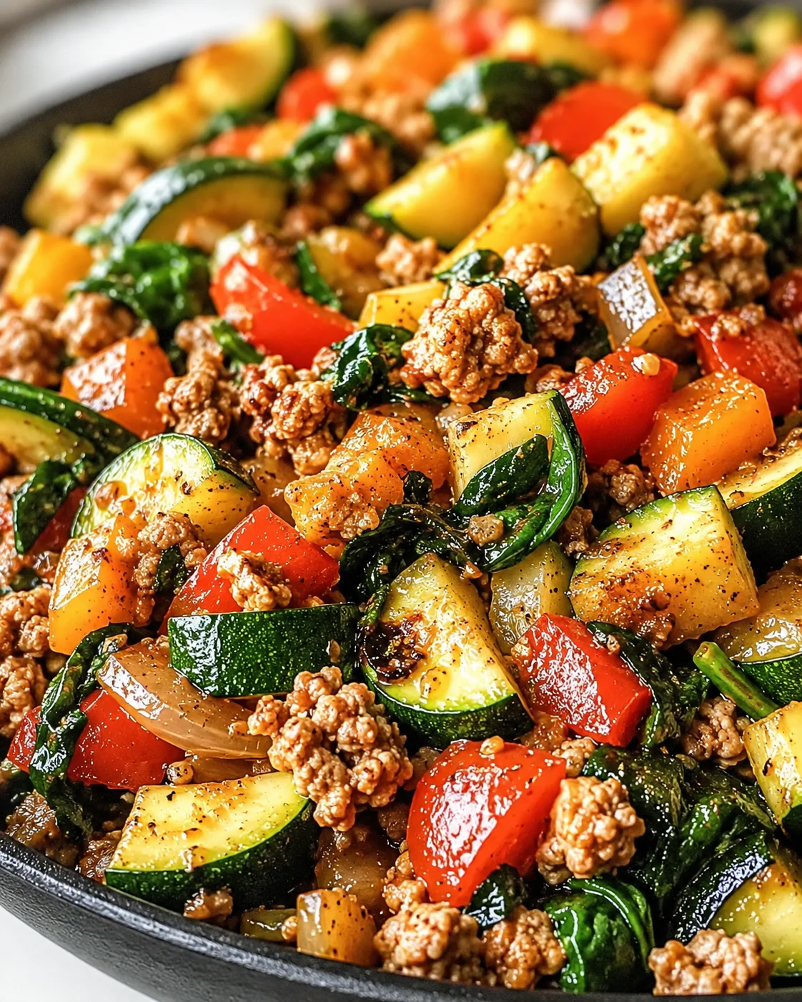 Close-up of a skillet with zucchini, bell peppers, greens, and crumbled sausage.