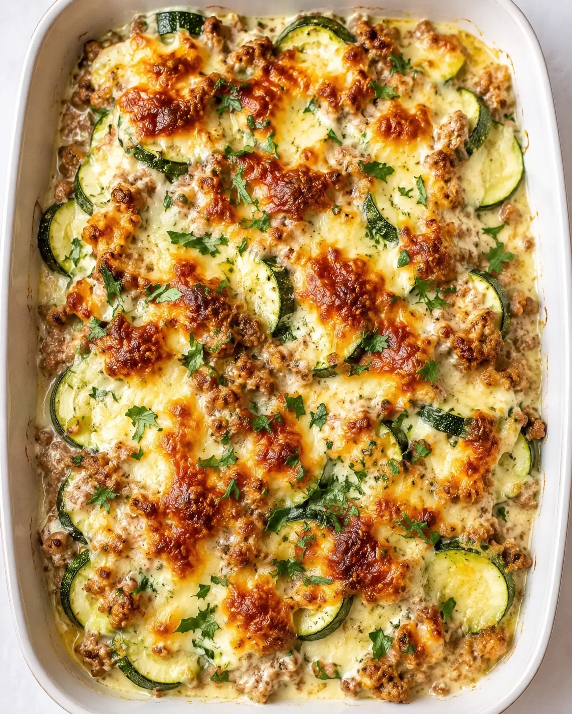 baked casserole with sliced zucchini, crumbled sausage, melted cheese, and fresh parsley