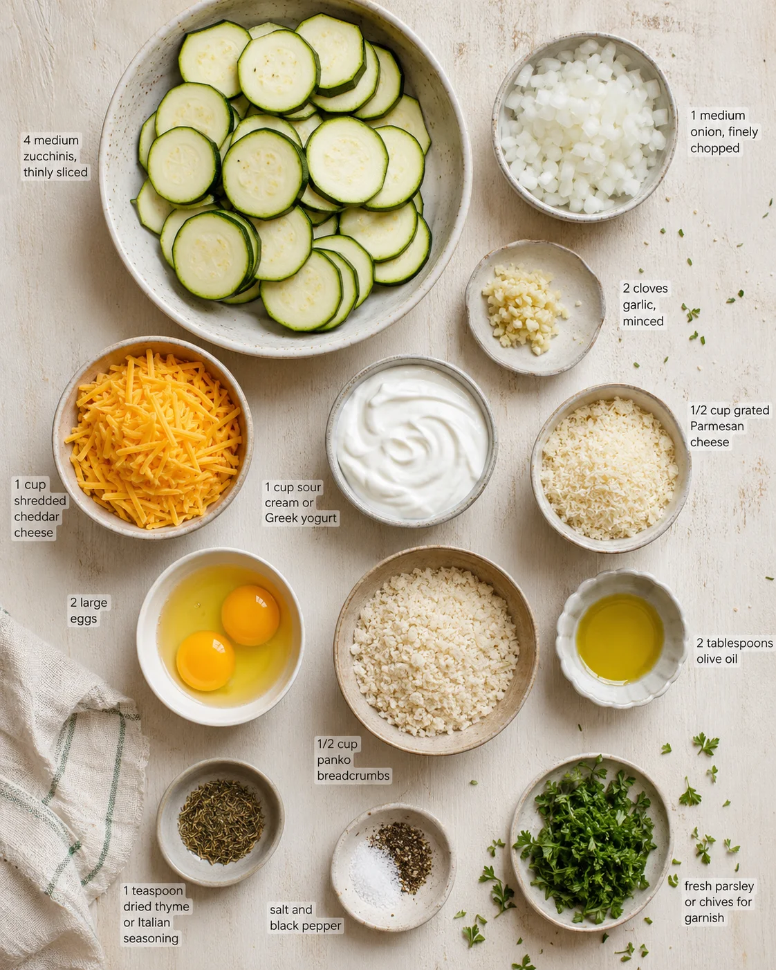 overhead view of zucchini slices surrounded by bowls of cheese, onions, garlic, eggs, and breadcrumbs