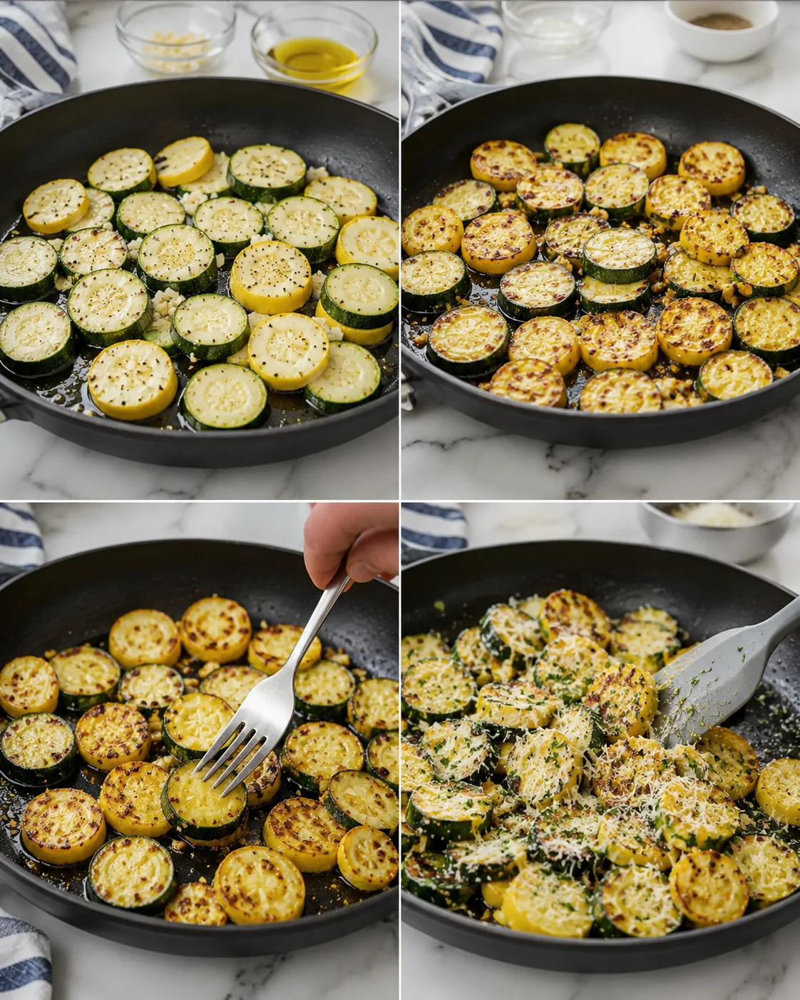 Collage of zucchini and yellow squash slices browning in a skillet, progressing from raw to cheesy finish.