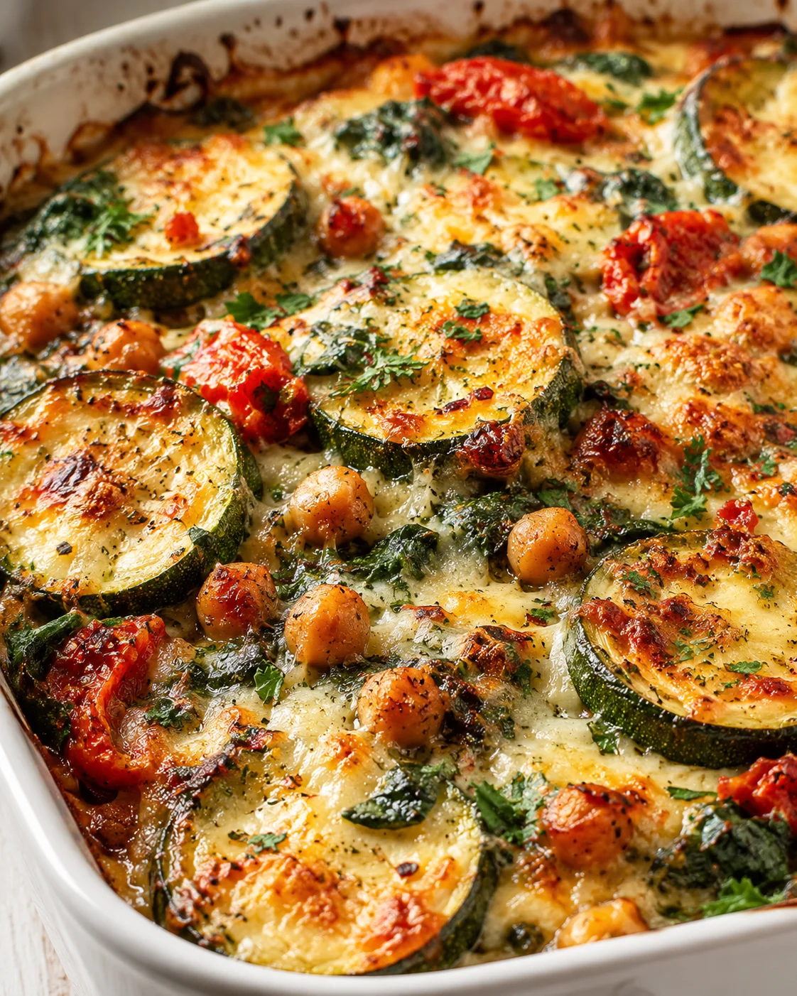 Creamy baked zucchini slices, tomatoes, and chickpeas in a bubbling cheesy herb sauce.