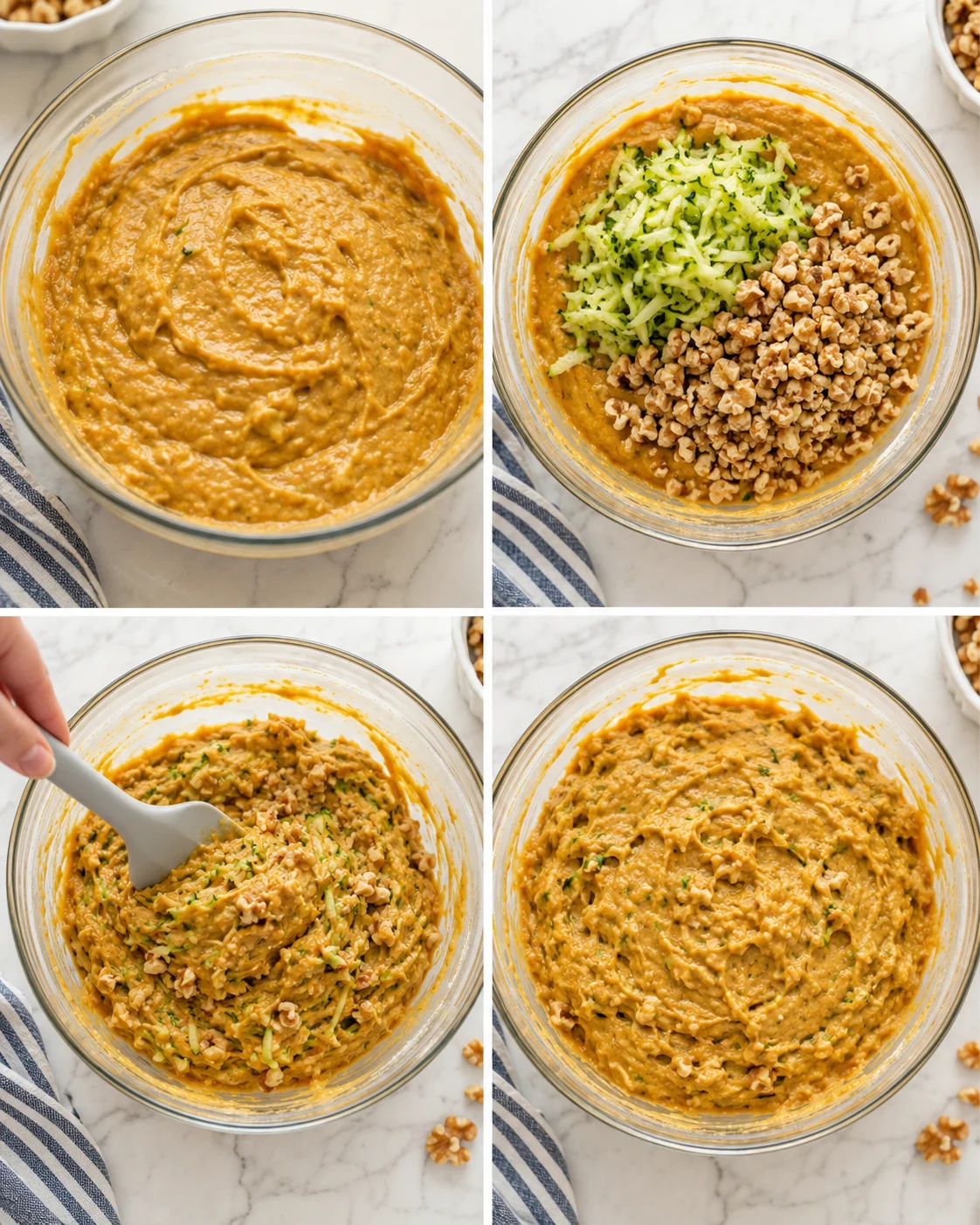 Four-panel collage showing orange batter in a glass bowl with grated zucchini and walnuts